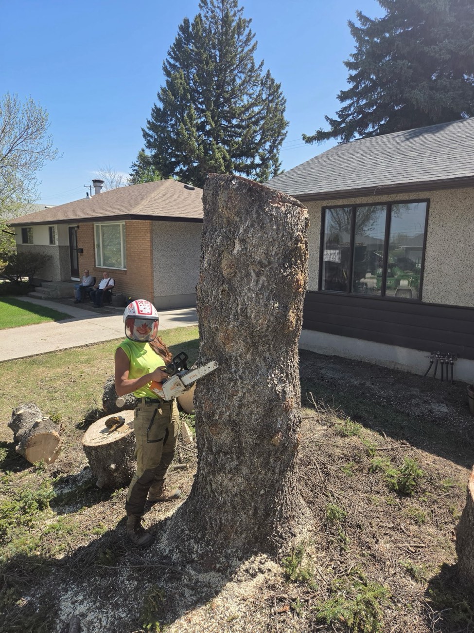 Arborist next to a large trunk being removed from a front yard